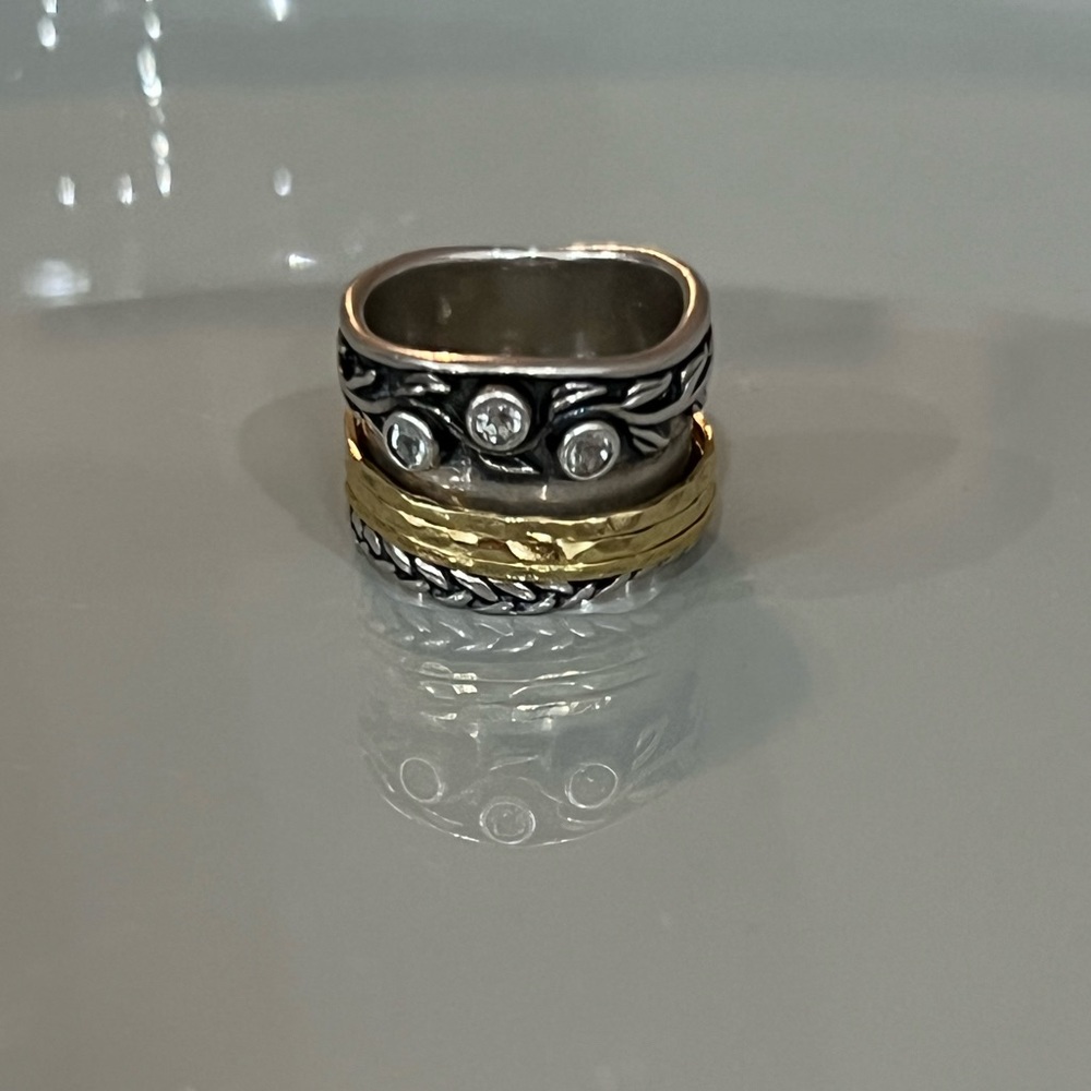 Or Paz Sterling Silver 925 Spinner Ring with White Topaz and Gold plated 6.5
